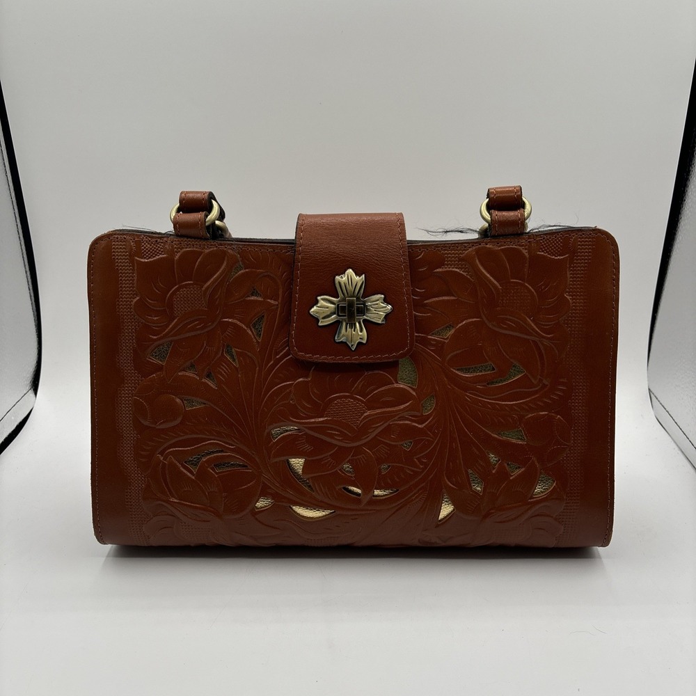 Patricia Nash Brown Floral Tooled Leather Satchel with Gold Accents